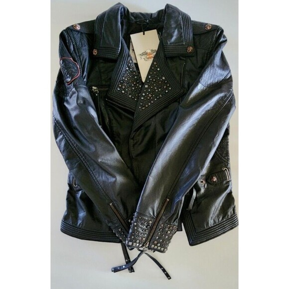Harley Davidson Jacket Womens Medium Black Leather Zippers Pockets Studded New